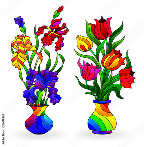Set of stained glass elements, vases with flowers, tulips and  irises   in bright vases, isolated on white background