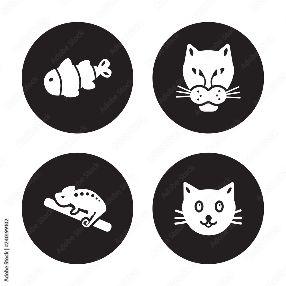 4 vector icon set : Clown fish, Chameleon, Cheetah, Cat isolated on black background
