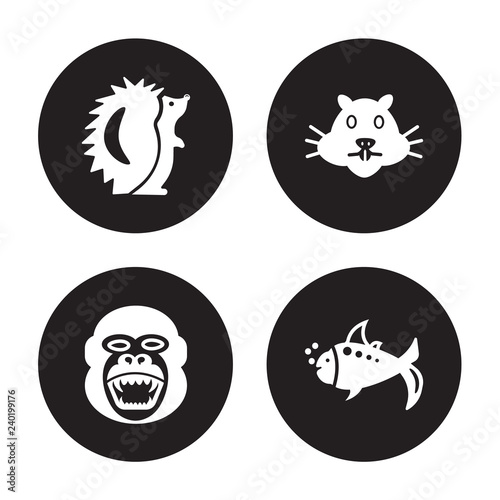 4 vector icon set : Hedgehog, Gorilla, Hamster, Goldfish isolated on black background