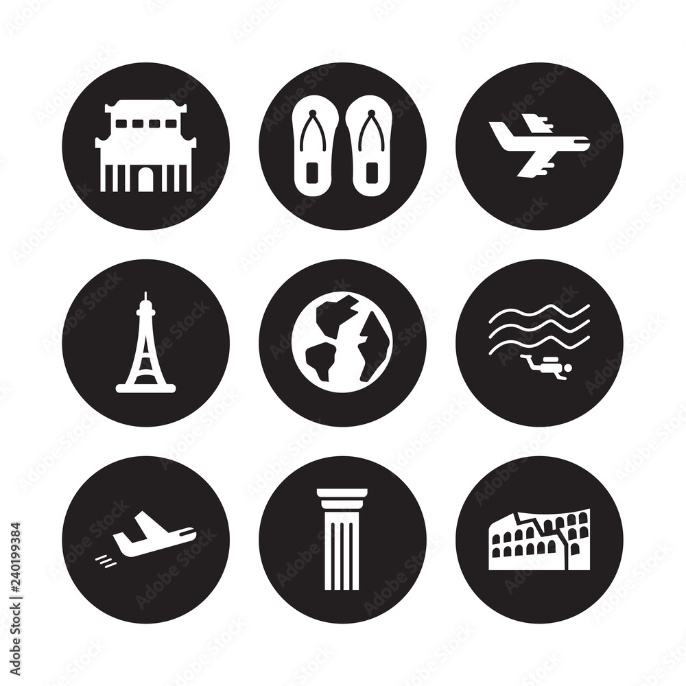 9 vector icon set : Forbidden city, Flip flops, Departures, Diving, Earth globe, Flight, Eiffel tower, Column isolated on black background 9 vector icon set : Forbidden city, Flip flops, Departures, Diving, Earth globe, Flight, Eiffel tower, Column isolated on black background
