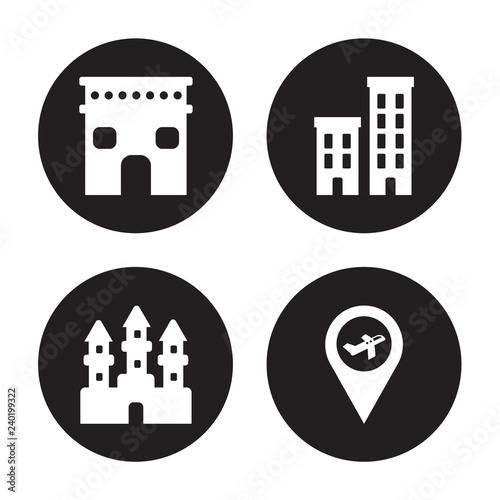 4 vector icon set : Arc de triomphe, Angkor wat, Apartments, Airport isolated on black background