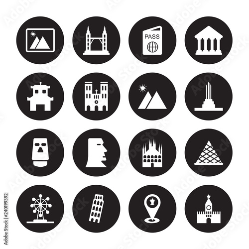 16 vector icon set : Photo, Landmark, Leaning Tower of Pisa, London eye, Louvre, Kremlin, Pagoda, Moais, Mountain isolated on black background