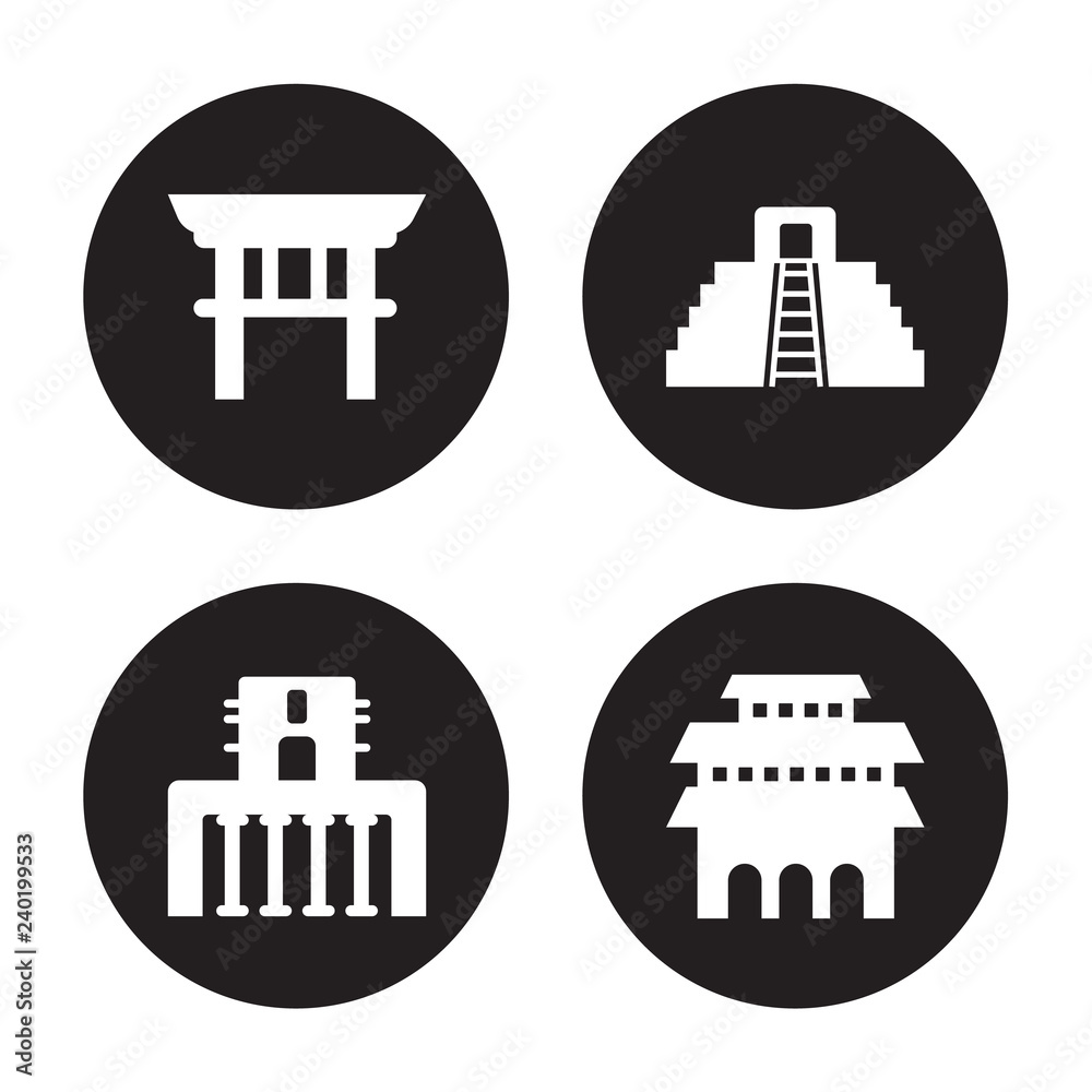 4 vector icon set : Torii gate, Temple of the frescoes, Teotihuacan, heaven isolated on black background 4 vector icon set : Torii gate, Temple of the frescoes, Teotihuacan, heaven isolated on black background