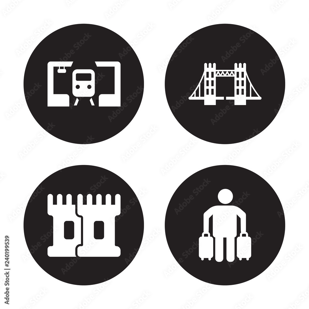 4 vector icon set : Train station, Tower, Tower bridge, Tourist isolated on black background 4 vector icon set : Train station, Tower, Tower bridge, Tourist isolated on black background