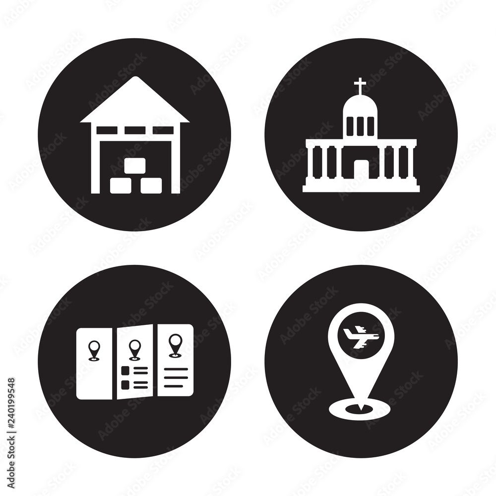 Obraz premium 4 vector icon set : Warehouse, Travel guide, Vatican, isolated on black background