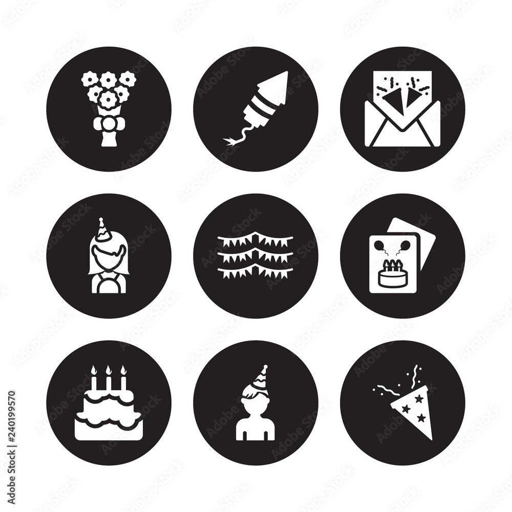 9 vector icon set : Bouquet, birthday rocket, Birthday cake, card, Flag, invitation, girl, boy isolated on black background