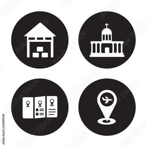 4 vector icon set : Warehouse, Travel guide, Vatican, isolated on black background