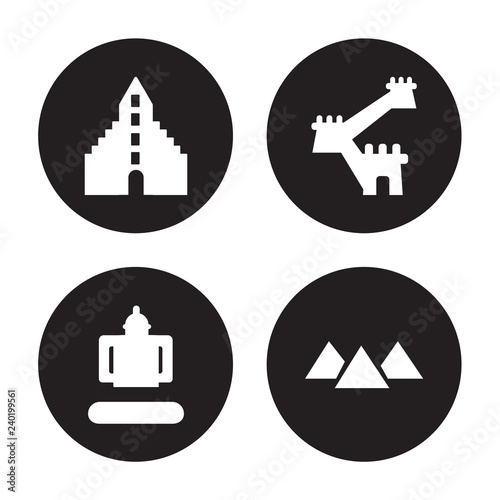 4 vector icon set : Hallgrimskirkja, Great buddha of thailand, wall china, Giza isolated on black background