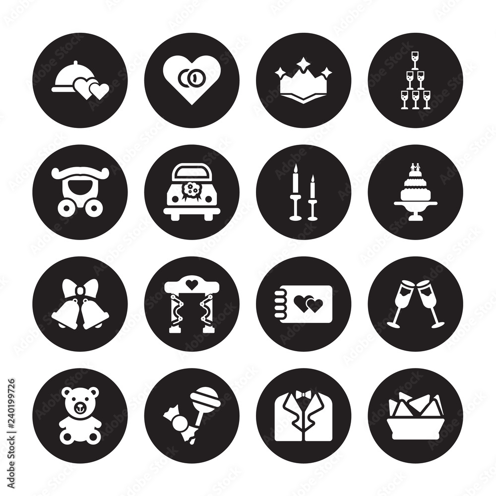 16 vector icon set : wedding Dinner, Suit, Sweet, Teddy bear, Toast, Snack, Carriage, Wedding Bells, Candle isolated on black background