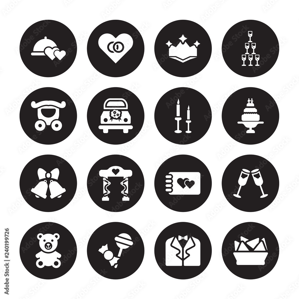 16 vector icon set : wedding Dinner, Suit, Sweet, Teddy bear, Toast, Snack, Carriage, Wedding Bells, Candle isolated on black background 16 vector icon set : wedding Dinner, Suit, Sweet, Teddy bear, Toast, Snack, Carriage, Wedding Bells, Candle isolated on black background