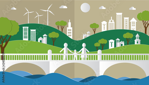 Paper art style of view on landscape city and sea with mountain background, Vector illustration