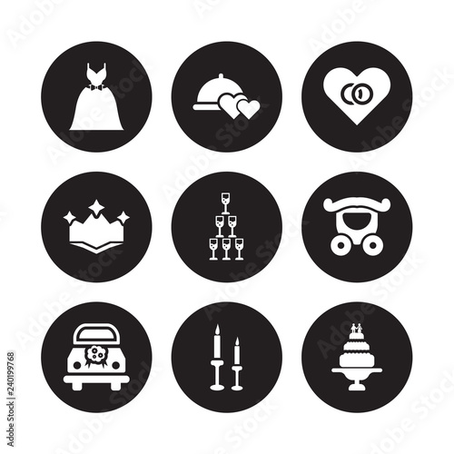 9 vector icon set : Wedding dress, wedding Dinner, car, Carriage, Champagne, day, Crown, Candle isolated on black background