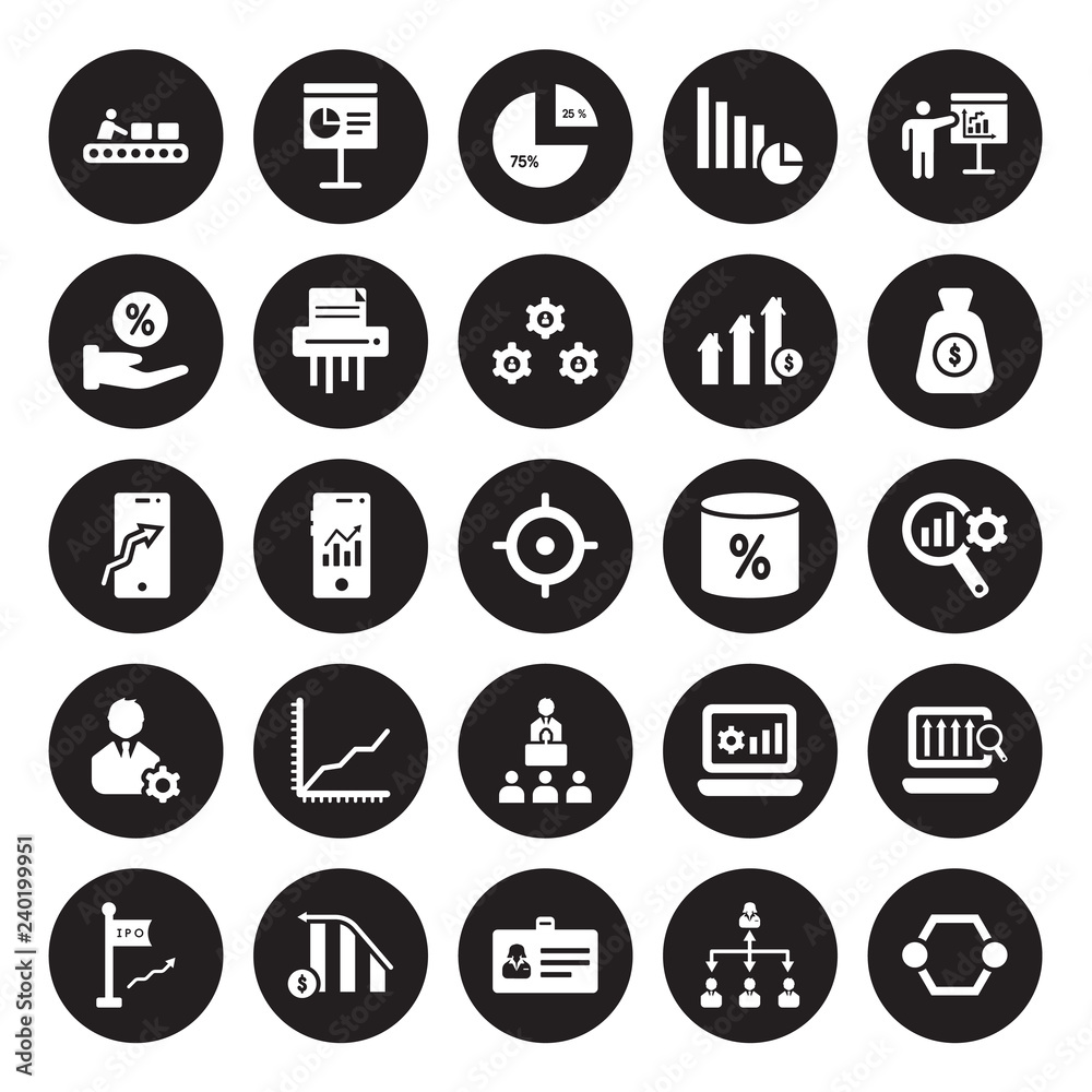 25 vector icon set : Production, Hierarchy, Id card, Increasing stocks, Ipo, Money, Merge charts, Leadership, Management, Percentage, Polygonal chart, Presentation isolated on black background. 25 vector icon set : Production, Hierarchy, Id card, Increasing stocks, Ipo, Money, Merge charts, Leadership, Management, Percentage, Polygonal chart, Presentation isolated on black background.