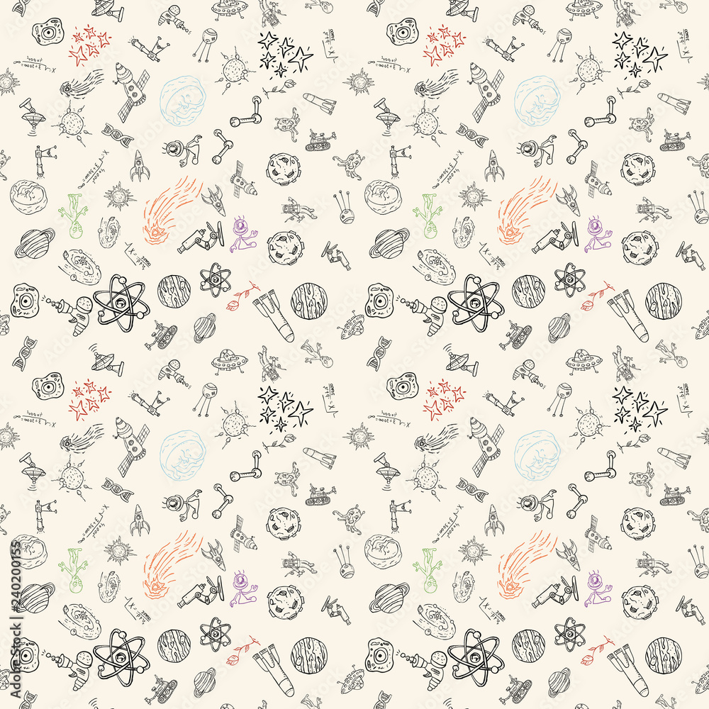 seamless pattern childrens_4_drawings on space theme, science and the appearance of life on earth, Doodle style