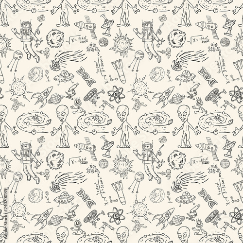 seamless pattern childrens_1_drawings on space theme  science and the appearance of life on earth  Doodle style