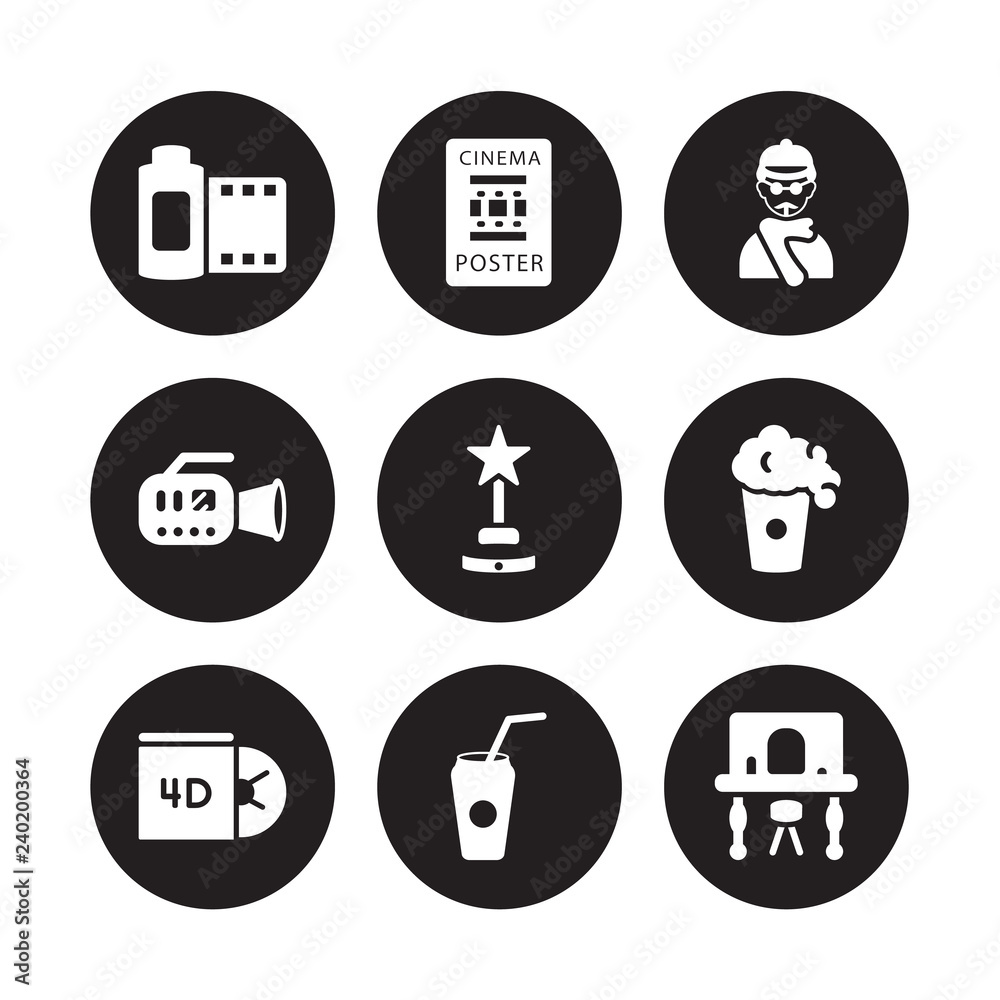 9 vector icon set : Film roll, Poster, Dvd, Film, film award, director, camera, Drink isolated on black background