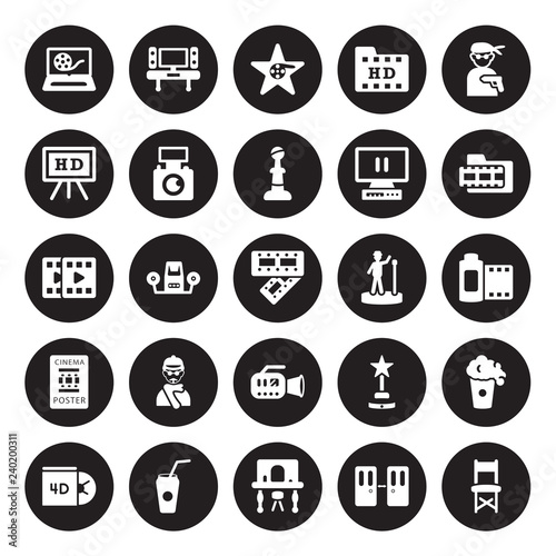 25 vector icon set : Movie, Doorway, Dressing room, Drink, Dvd, footage, film star, camera, Film Poster, Hd, Hollywood Star, home cinema isolated on black background.