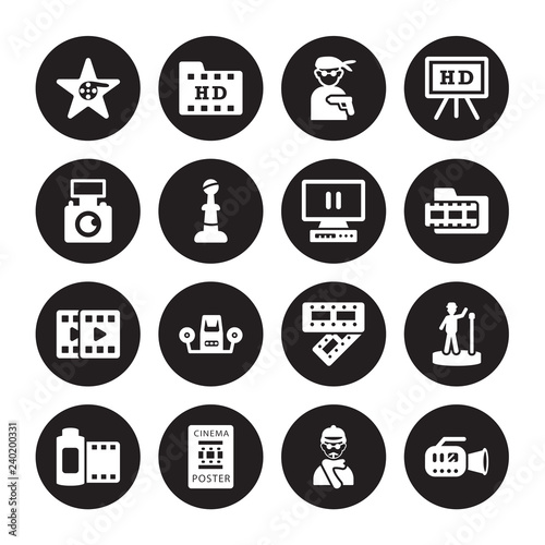 16 vector icon set : Hollywood Star, Film director, Poster, roll, film star, camera, Handicam, filmstrip, freeze frame isolated on black background