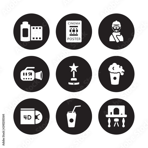 9 vector icon set : Film roll, Poster, Dvd, Film, film award, director, camera, Drink isolated on black background