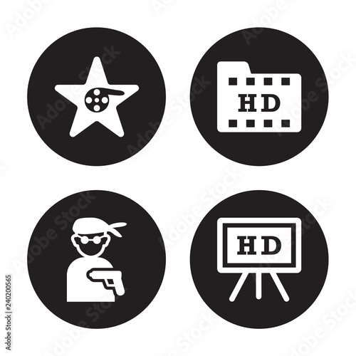 4 vector icon set : Hollywood Star, hitman, HD Movie, Hd isolated on black background