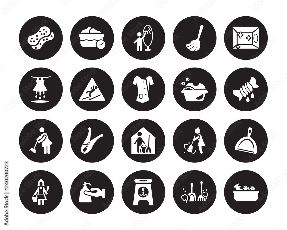 20 vector icon set : Sponges, Dust, Wet floor, Hand soap, Charwoman, Clean Room, Washing clothes, Housekeeping, Sweeping, Slippery, Glass cleaning isolated on black background 20 vector icon set : Sponges, Dust, Wet floor, Hand soap, Charwoman, Clean Room, Washing clothes, Housekeeping, Sweeping, Slippery, Glass cleaning isolated on black background