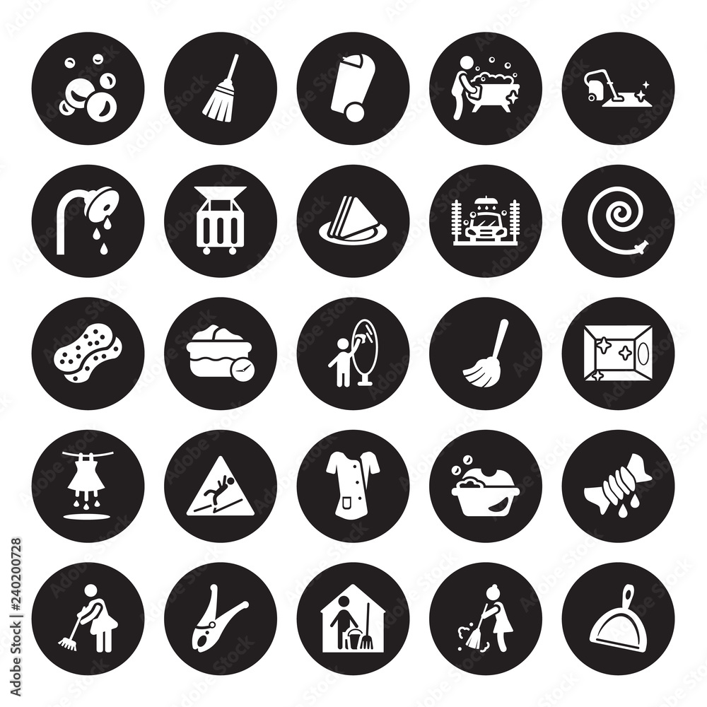 25 vector icon set : Bubbles, Sweep, Housekeeping, Clothes peg, Sweeping, Garden hose, Floor mop, Cleaner Uniform, Soak, Shower head, Bin, Broom isolated on black background.