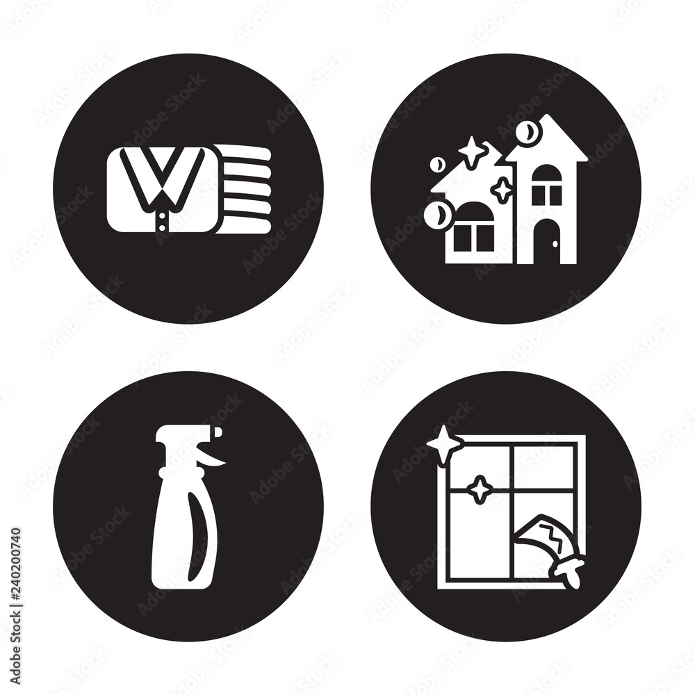 4 vector icon set : Clothes Cleaning, Cleaning spray, Clean, Window isolated on black background 4 vector icon set : Clothes Cleaning, Cleaning spray, Clean, Window isolated on black background