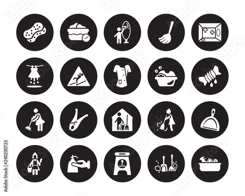 20 vector icon set : Sponges, Dust, Wet floor, Hand soap, Charwoman, Clean Room, Washing clothes, Housekeeping, Sweeping, Slippery, Glass cleaning isolated on black background