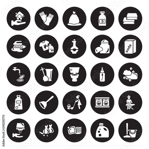 25 vector icon set : clean-living, Detergent, Dishes, Garbage, Hand dryer, baking soda, Spray, Mop, Shampoo, scrub brush, trash bag, sanitize isolated on black background.