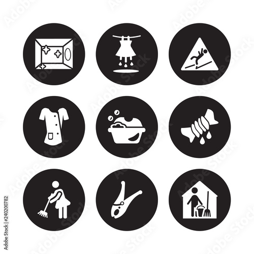 9 vector icon set : Clean Room, Soak, Sweeping, Squeeze, Washing clothes, Slippery, Cleaner Uniform, Clothes peg isolated on black background