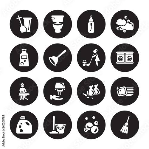 16 vector icon set : Toilet brush, Bubbles, Cleaning, Detergent, Dishes, Broom, Shampoo, Ironing, Mop isolated on black background