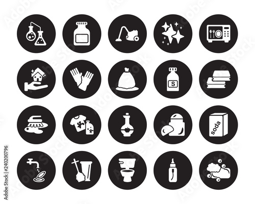 20 vector icon set : Chemical Reaction, Spray, Toilet, Toilet brush, Washing dishes, sterilization, Solvent, vinegar, scrub sanitize, hoover isolated on black background