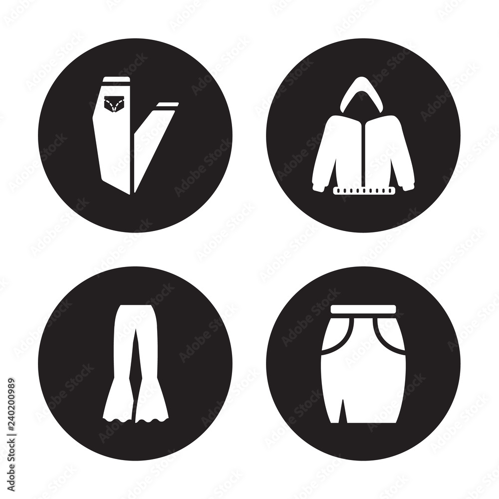 4 vector icon set : Jeans, Trousers, Hoodie, Skirt isolated on black background 4 vector icon set : Jeans, Trousers, Hoodie, Skirt isolated on black background