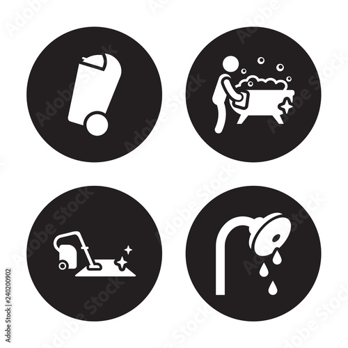 4 vector icon set : Bin, Carpet cleaning, Bathtub Shower head isolated on black background