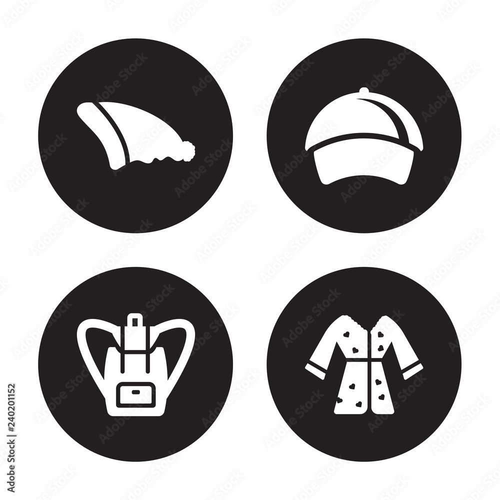 4 vector icon set : Beanie, Bag, Baseball cap, Housecoat isolated on black background 4 vector icon set : Beanie, Bag, Baseball cap, Housecoat isolated on black background