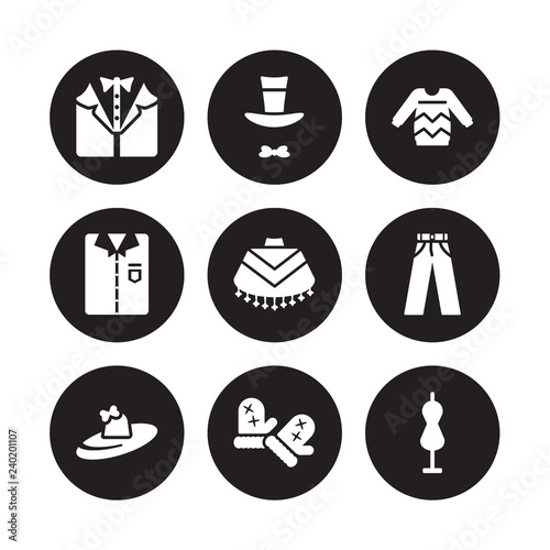 9 vector icon set : Tuxedo, Top hat, Pamela, Pants, Poncho, Sweater, Shirt, Mittens isolated on black background