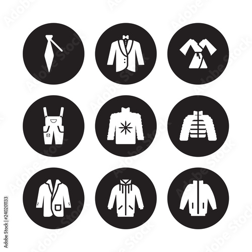 9 vector icon set : Cravat, Dinner Jacket, suit jacket, puffer Fleece, Dressing Gown, Dungarees, jogging jacket isolated on black background