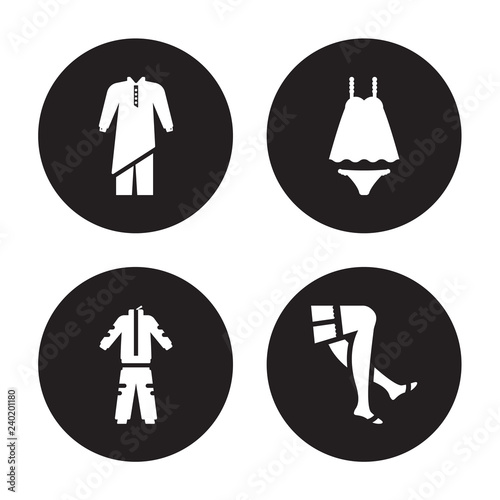 4 vector icon set : Kurta, tracksuit, Nightwear, stockings isolated on black background