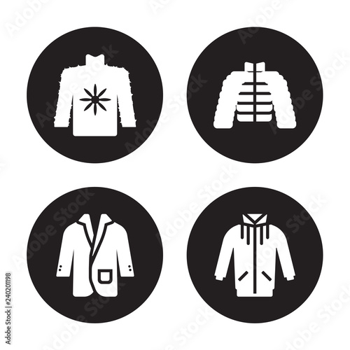 4 vector icon set : Fleece, suit jacket, puffer jogging jacket isolated on black background