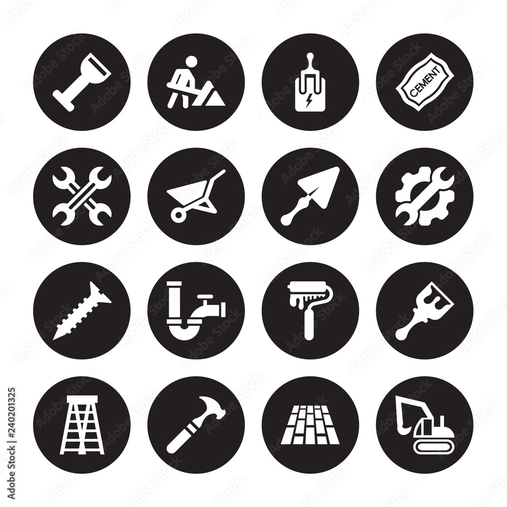 16 vector icon set : Bolster, Floor, Hammer, Ladder, Paint brush, Excavator, Wrench, Screw, Trowel isolated on black background