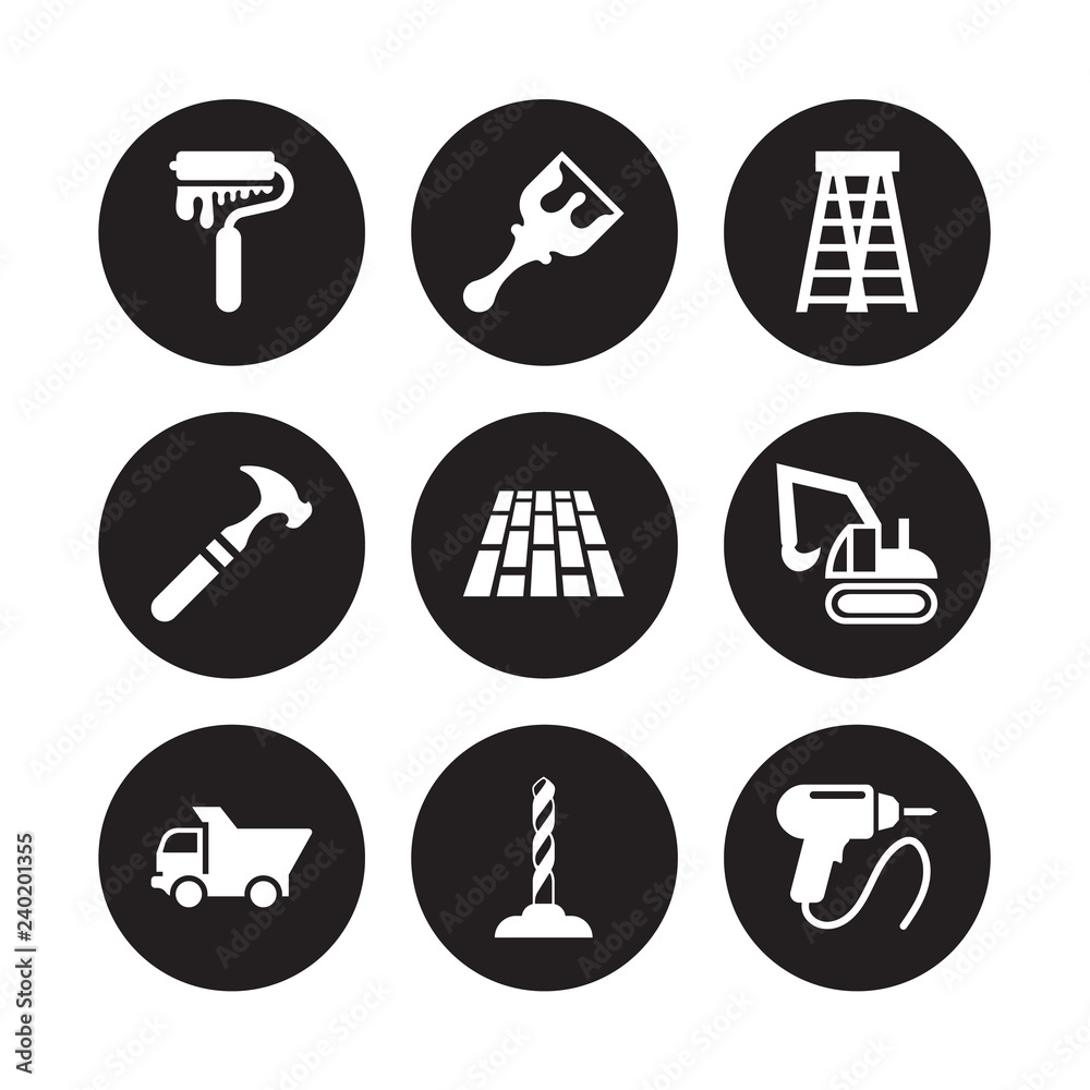 9 vector icon set Paint roller, brush, Dump truck, Excavator, Floor