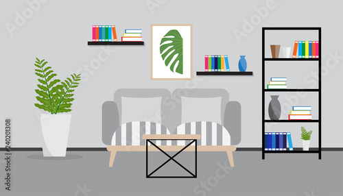 Flat design of living room interior with sofa, pillows, book, picture flame and carpet, vector illustration © jintana
