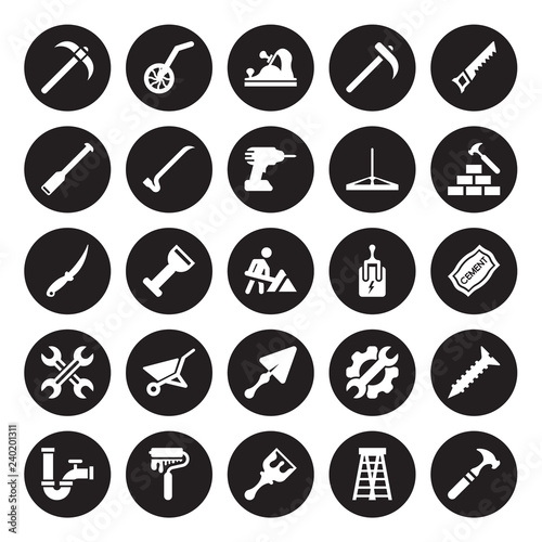 25 vector icon set : Pick axe, Ladder, Paint brush, roller, Pipe, Brick hammer, Circuit Breaker, Trowel, Wrench, Digging bar, Jack plane, Measuring wheel isolated on black background.