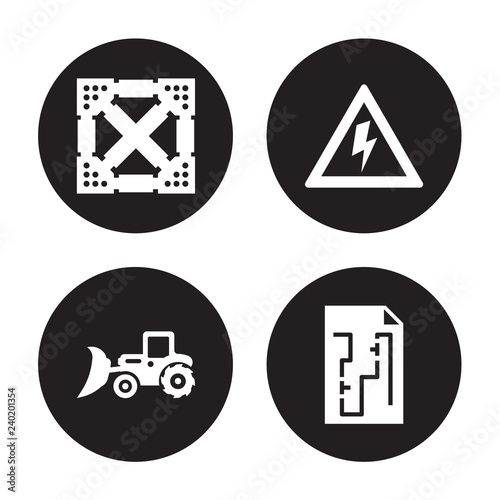 4 vector icon set : Joist, Loader, High voltage, Construction plan isolated on black background