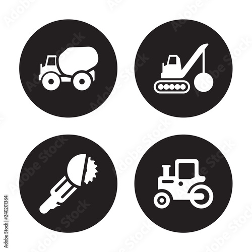 4 vector icon set : Concrete, Circular saw, Demolition, Steamroller isolated on black background