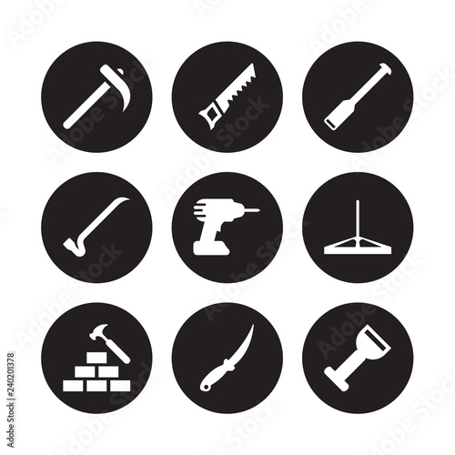 9 vector icon set : Hoe, Hand saw, Brick hammer, Bump cutter, Cordless drill, Digging bar, Crowbar, Boning rod isolated on black background