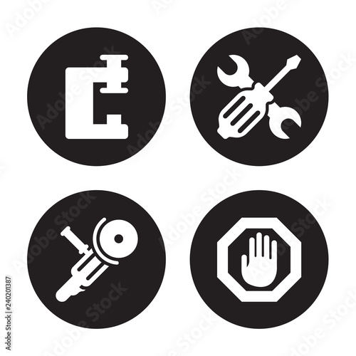 4 vector icon set : Vise, Angle grinder, Screwdrivers, Stopping isolated on black background
