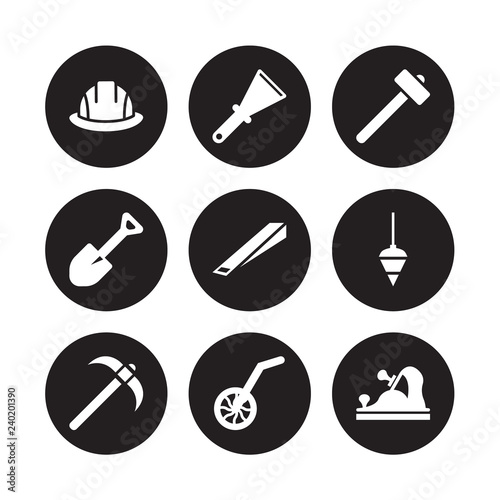 9 vector icon set : Safety helmet, Scratcher tool, Pick axe, Plumb bob, Wedge Sledge hammer, Spade Measuring wheel isolated on black background