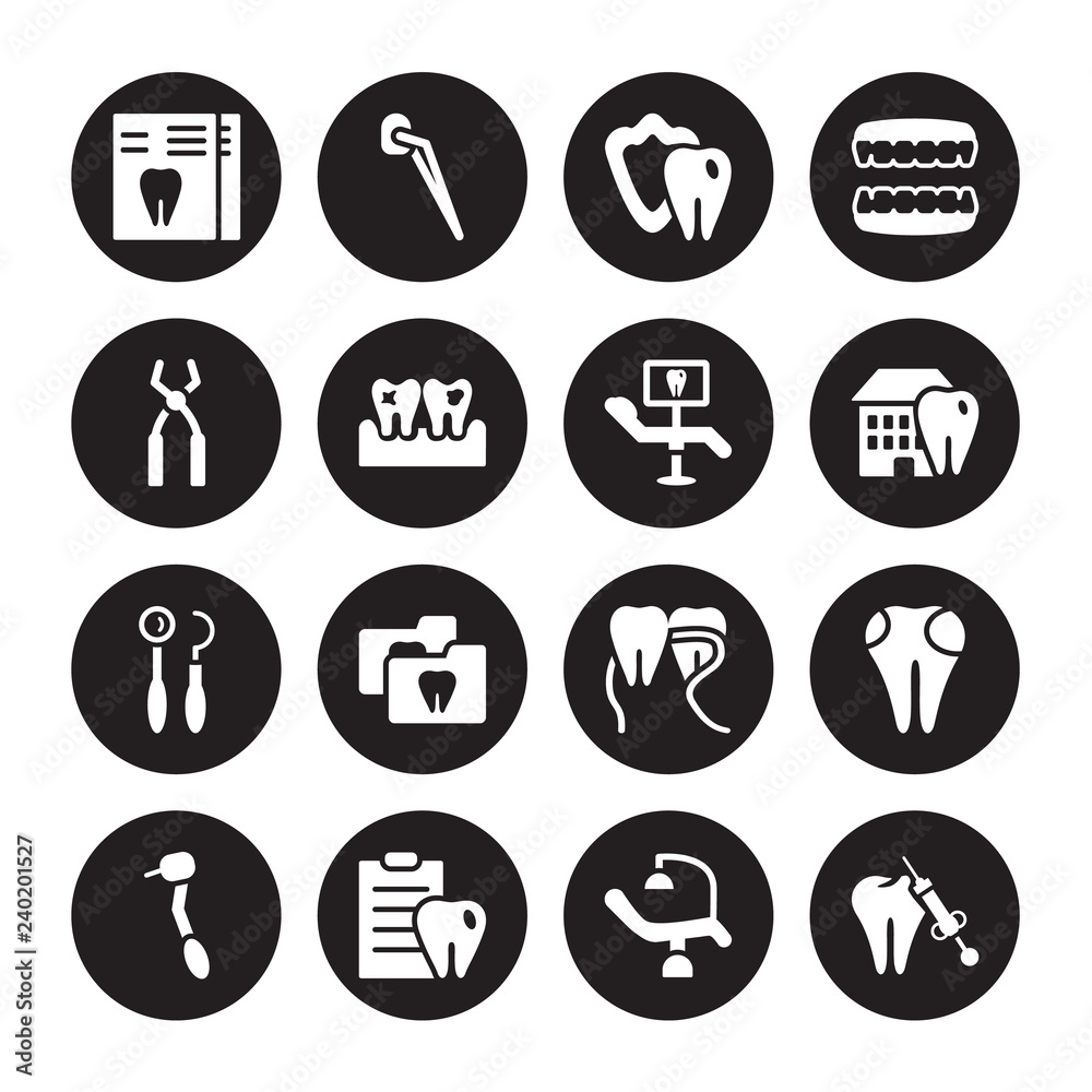 16 vector icon set : Dental X ray, chair, Checkup, drill, filling, care, Probe, Hook, Monitor isolated on black background