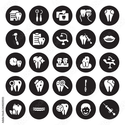 25 vector icon set : Dental House, Baby dental, Bacteria in mouth, Braces, Breath, Brackets, Damaged tooth, Caries, Check up, drill isolated on black background.